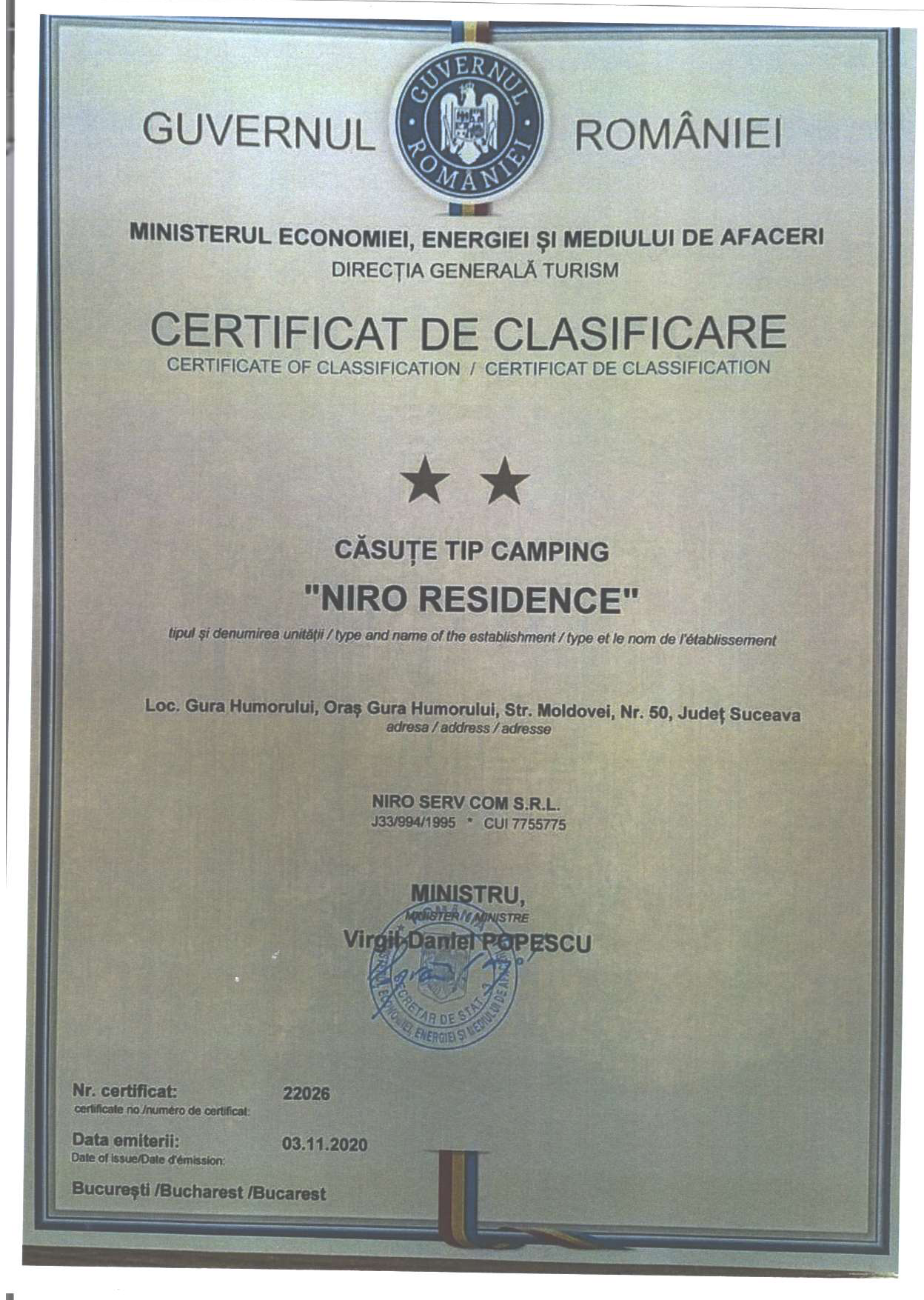 certificat clasificare cabanute